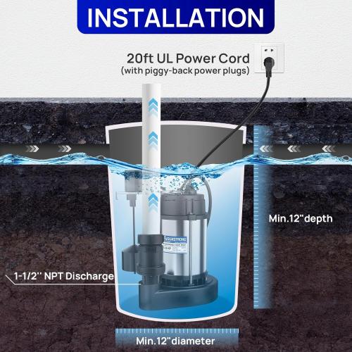 AQUASTRONG 1/2 HP Sump Pump Submersible, 3830 GPH Stainless Steel and Cast Iron Basement Water Pump, Automatic Integrated Vertical Float Switch with Piggy-back Plug,1-1/2 NPT Discharge Subpumps