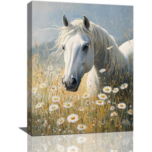 Spaexor Horse Wall Art, White Horse Flowers Pictures Wall Decor, Animal Canvas Prints Painting Frame Artwork for Living Room Bathroom Bedroom