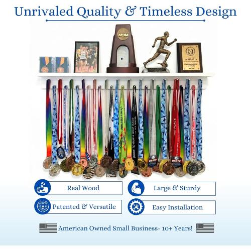 3ft Medal Hanger Display for Wall — Trophy Shelf with Hooks for Medals — 36 Solid Wood — Holds 30  Medals   Cased Medals for Running, Gymnastics, Cheer, Karate — White- Medal Awards Rack