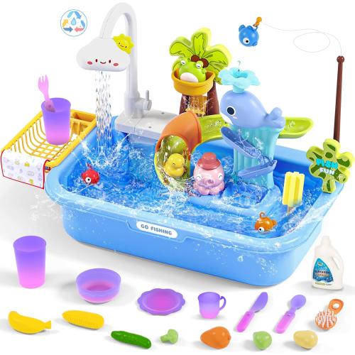 Blue Play Sink with Running Water, Color Changing Play Sink with Upgraded Electric Faucet & Pump, Water Table for Toddlers 1-3, Pretend Play Kitchen Sink & Summer Water Toys for Boys Girls, Blue