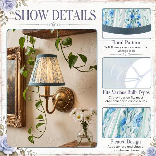 Zhengmy 6 Pcs Pleated Chandelier Lamp Shades, Blue Floral Stripe