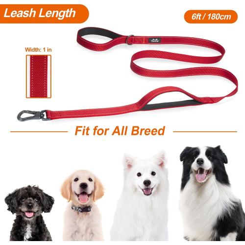 TwoEar 6FT 1IN Strong Red Dog Leash with 2 Padded Handles, Traffic Handle Extra Control, Comfortable Soft Dual Handle, Auto Lock Hook, Reflective Walking Lead for Small Medium and Large Dogs