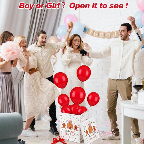 Hungdao Gender Reveal Balloon Box with Ribbon and 10 Pink and Blue Balloons Gender Reveal Games He or She Open to See for Party Decoration 12 x12 x16 (Gingerbread)