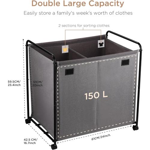EasyAcc Laundry Basket with Wheels, Rolling Laundry Hamper, 39 Gallons (150L), Laundry Basket, Large Capacity Blanket Storage, Carbon Steel Frame 24 x 16.8 x 23.4 Inches