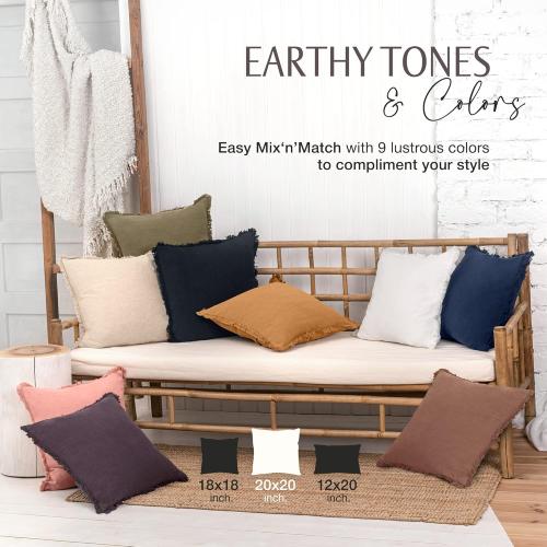 INSPIRED IVORY Decorative Linen Pillow Cover 20x20 Inch - Khaki Green Throw Pillow Cover with Fringe & Invisible Zipper - Soft Solid Cushion Cover for Sofa, Couch, Bed Decor, Single Sham (50x50cm) COLOR DARK GRAY