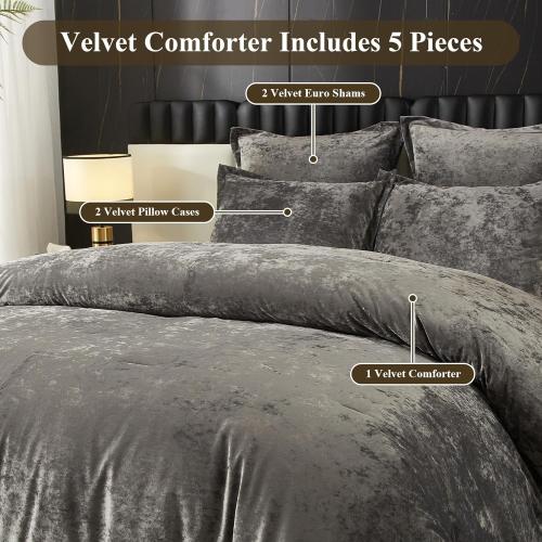 Ivellow Crushed Velvet Comforter Set King, Lightweight Comforter Set, 5pcs Ultra Soft Breathable Grey Comforter Set, Luxury Cozy Flannel Comforter King Size (1 Comforter,2 Pillow Shams, 2 Euro Shams)