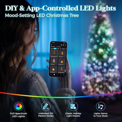 HOLLO STAR 7.5 ft Flocked Prelit Christmas Tree with 348 LED Lights, App Control, Skinny Artificial Pencil Christmas Tree, Multi-Color RGBW Lights, 960 Branch Tips, for Small Space, Home, Party