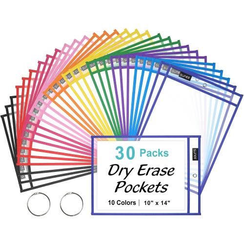 SUNEE 50 Packs Oversized Reusable Dry Erase Pocket Sleeves with 3 Rings, 10 Assorted Colors 10x14 Ticket Holders, Clear Plastic Sheet Protectors, Teacher School Classroom Supplies