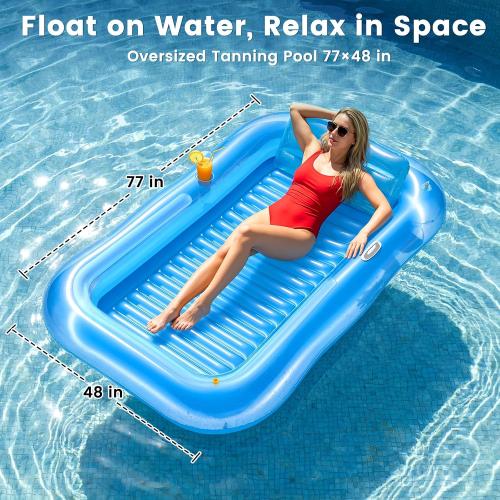 Inflatable Tanning Pool Lounger Float with Sprinkler, 77 x 48 XL Tanning Pool for Adults with Pillow & Cup Holder, 6 in 1 Suntan Tub Sunbathing Bed Pool Floats Adult for Backyard, Beach & Lake