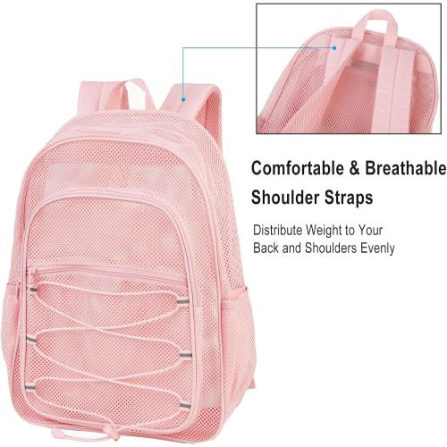 Heavy Duty Mesh Backpack, Semi-transparent Mesh Bookbag,See Through College Backpack with Bungee and Comfort Padded Straps for Commuting, Swimming, Beach, Outdoor Sports (Pink)