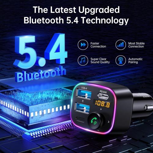 Syncwire Bluetooth 5.4 Car Adapter 48W FM Transmitter for Hands Free Calls | Light Switch, Fast Charge (PD 36W & 12W), HiFi Bass Sound, LED Display, USB Drive Support, Wireless Radio Music Adapter