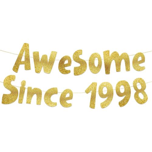 Pre-Strung Awesome Since 1998 Gold Glitter Banner - Funny 28th Birthday and Anniversary Decorations for Men and Women - Party Supplies and Gifts