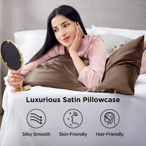 Bedsure Satin Pillowcase Standard Set of 2, Silky Pillow Cases, Brown