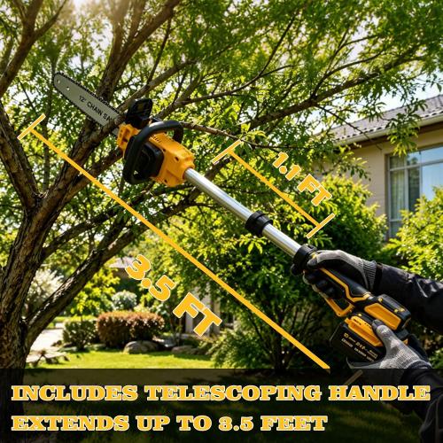 12 Electric Chainsaw Cordless with Extension Pole, 21V Battery Powered Brushless 12 Inch Cordless Pole Saw, 2 x 4.0Ah Batteries and Charger for Wood Cutting, Tree Trimming Branch Pruning
