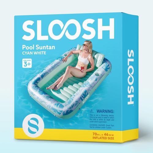 SLOOSH Inflatable Tanning Pool Lounger Float, 70 x 46 Pool Floats Adult with Pillow, 4 in 1 Suntan Tub Raft Floatie,Sunbathing Bed Lounge for Water Blow Up Kids Ball Pit Party Gifts, L-Cyan White