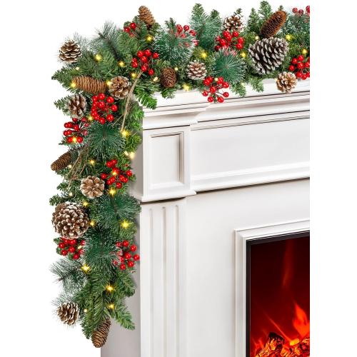 TigeJoy 9FT Luxury Prelit Christmas Garland with Warm White LED Timer Lights, Snow Cedar Garland with Red Berries, Mixed Pinecones, 8 Modes 3AA Battery Operated Xmas Decor for Fireplace Doorway Porch