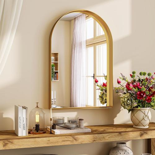 20 x 30 Luxury Arched Bathroom Mirror - Arch Wall Mirror with Shatterproof Tempered Glass and Metal Deep Frame, Hanging or Leaning for Living Room, Dresser, Entrance and Hallway, Gold