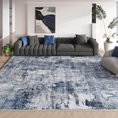 8x10 Rug Washable Boho Rug Soft Large Area Rug Non-Slip Non-Shedding Faux Wool Vintage Rug for Living Room, Farmhouse, Dining Room, Indoor, Kids Playroom, Blue