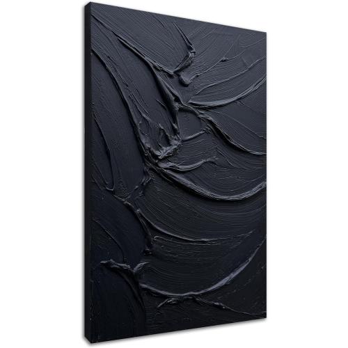 zoinart Hand Painted Thick Texture Black Minimalist Vertical Wall Art 24x36 Inches Black Oil Painting Contemporary Art Oil on Canvas Home Office Corridor Wall Art