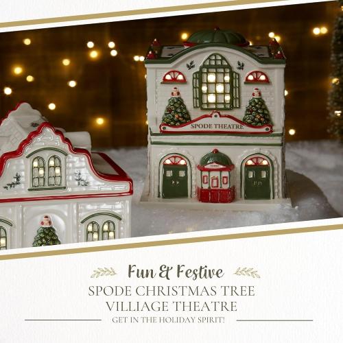 Spode Christmas Tree Miniature Village Figural Decoration, LED Lighted Christmas Village Set, Ceramic Holiday Decor - Dolomite Collectible for Indoor Display (Theatre)
