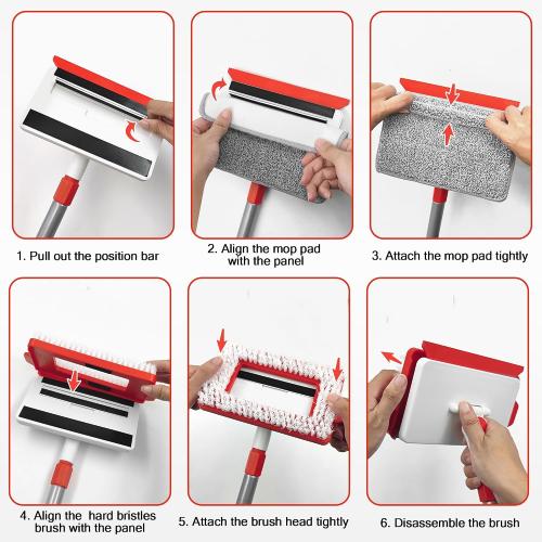 JEHONN Baseboard Cleaner Tool with Handle, 56 inches Base Boards Cleaning Mop Scrubber, 1 Stiff Bristles Brush, 2 Chenille and 2 Microfiber Pads, Wall Duster for Floorboard Ceiling Window Tile