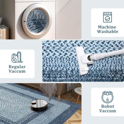 Washable Rug  Boho Accent Carpet Modern Geometric Floor Carpet Indoor Throw Floor Cover Braided Print Rug Low Pile Non Slip Farmhouse Rustic Bohemian Carpet for Living Room Bedroom, Blue