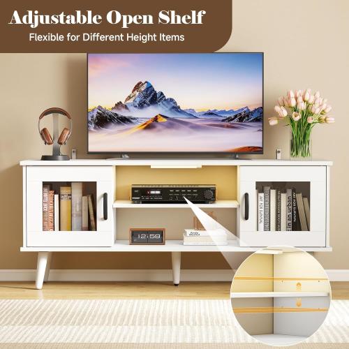 Wood TV Stand for TV, Mid Century Modern Entertainment Center with Adjustable Shelf, Sensor LED Light, 2 Cabinets, TV Media Console for Living Room Bedroom White