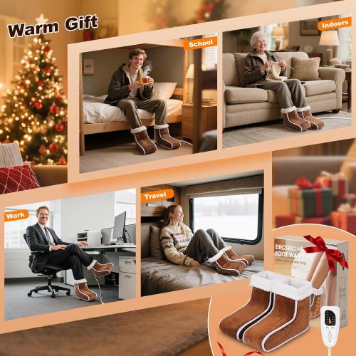 Split Electric Foot Warmer, Quick Heating Pad for Feet, 6-Level Heated Slippers for Men Women, Soft Heated Boots, Feet Warmer with Detachable Washable Liner for Home