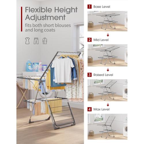 Sakugi Clothes Drying Rack, Foldable 2-Level Laundry Drying Rack with Height-Adjustable Wings, for Clothing & Bedding, Free-Standing Space-Saving Rack, Indoor & Outdoor, 55.5 L × 22.8 W, Gray