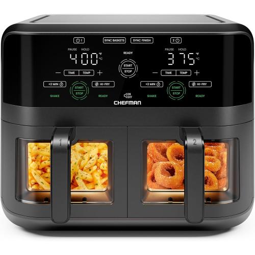 CHEFMAN 6 Quart Dual Basket Air Fryer Oven with Easy View Windows, Sync Finish, Hi-Fry, Auto Shutoff, 2 Independent 3Qt Nonstick Dishwasher Safe Frying Baskets, Digital Double Air Fryer - Black