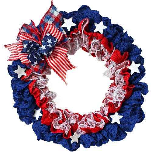 XKCL Patriotic Wreaths, 20 Inch Memorial Day Wreath, 4th of July American Flag Wreath for Front Door Decorations (Bule＆red)