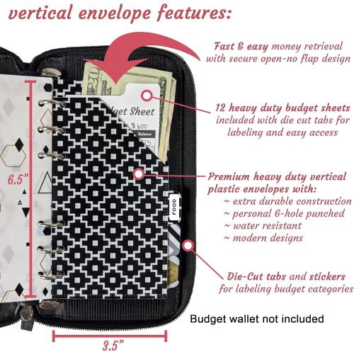 Vertical Tabbed Plastic Budget Envelopes for Budget Planner Organizer Wallet - Cash Envelopes, Budget Sheets for Cash Envelope System Wallet, Coupon Organizer, Financial Planner, Cash Envelope Wallet