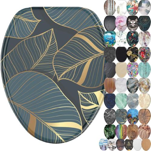 SANILO Wooden Toilet Seat with Soft Close [ELONGATED] - Decorative, Quiet & Slow Close Molded Wood Seat - With Strong Bumpers & Hinges - Adjustable Fit - Monstera