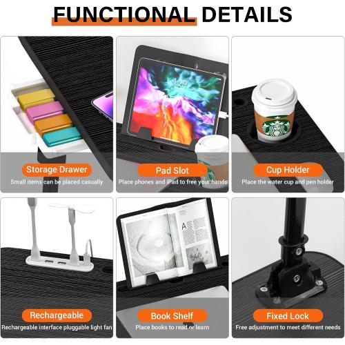 Laptop Desk for Bed Height Adjustable, Lap Bed Table with USB/Storage Drawer/Cup Holder/Tablet Stand/Book Shelf, Foldable Breakfast Tray Portable for Reading Writing, Sofa & Floor, Black