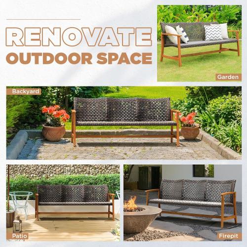 IDZO  3 Seater Patio Couch  Wicker, Teak Finish Furniture Set, Trinite Brown