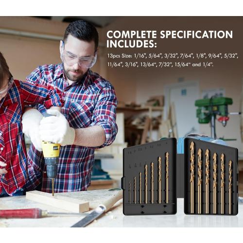 Cobalt Drill Bit Set, 13Pcs M35 High Speed Steel Jobber Length Drill Bit Kit for Hardened Metal, Stainless Steel, Cast Iron, Wood and Plastic, with Index Storage Case, 1/16-1/4