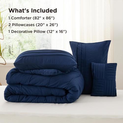 Bedsure Full Comforter Set - 4 Pieces Pinch Pleat Bed Set, Navy Blue Boho Bedding for All Season, 1 Soft Comforter, 2 Pillowcases, 1 Decorative Pillow
