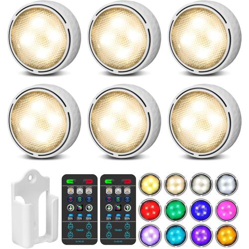 White 6 Pack Puck Lights with Remote Control, Battery Operated Wireless Under Cabinet Lighting, Stick on Tap Push Lights for Kitchen, Shelf, 6 Pack - White