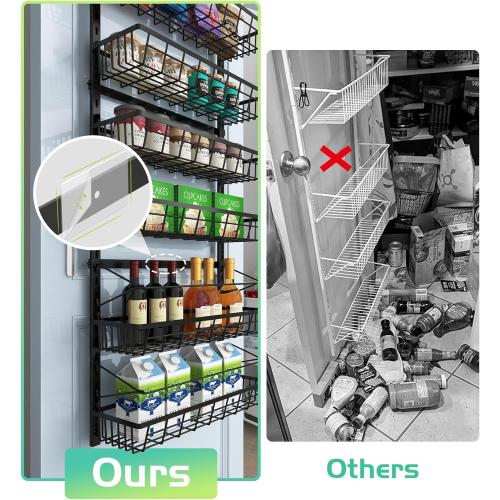 Over The Door Pantry Organizer, Pantry Storage and Organization, 6-Tier Adjustable Hanging Baskets, Metal Wall Mount Spice Rack Seasoning Shelves for Home & Kitchen, Laundry Bathroom - Black