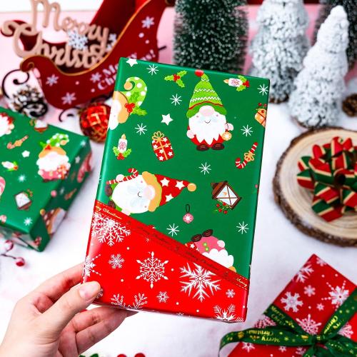 MAYPLUSS Gnome Wrapping Paper Roll, Reversible Green Christmas Wrapping Paper, Adorable Gnome Winter Holiday Gift Wrap With Snowflakes Design for Present Wrap, Packaging Supply (17 Inch X 33 Feet)