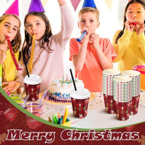 50 Set Christmas Hot Cocoa Paper Cups 12 oz Christmas Disposable Coffee Cups with Lids Straw Holiday Cup Bulk for Cocoa Hot Chocolate Bar Supplies for Beverage Ice Cream Coffee Party Decor