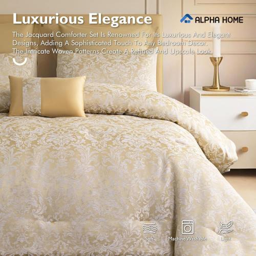ALPHA HOME Queen Size Jacquard Bedding Comforter Set - All Season Luxurious Elegance With Cushion (1 Comforter, 2 Pillow Shams, 2 Euro Shams)