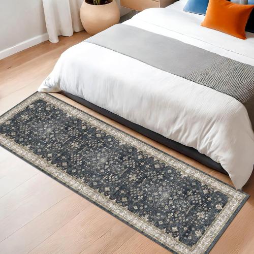 Black Boho Washable Runner Rugs for Hallway Kitchen Bedroom Beside Laundry Room Bathroom Rug, Pet & Kids Friendly, Non Slip Low Pile Stain Resistant Soft Foldable Long Floor Carpet