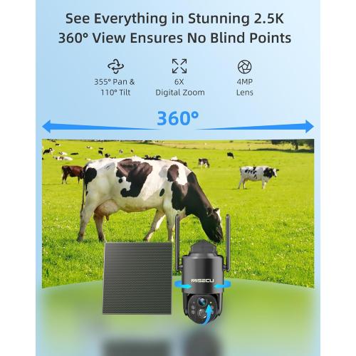 4G LTE Cellular Security Camera, 2.5K Solar Outdoor Cam Wireless Without WiFi Needed, 360° PTZ Live View Off Grid Camera, AI Motion Detection, Color Night Vision, Local/Cloud Storage