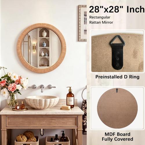 26x26 inch Large Round Rattan Mirror for Wall, Boho Decorative Wicker Mirror Waterproof Synthetic Rattan Frame, for Bathroom, Bedroom, Living Room, Entryway