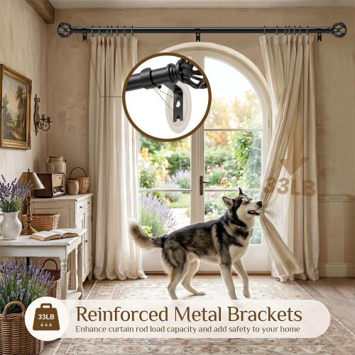 TVWOO Black Decorative Farmhouse Curtain Rods 2Pack:18-45 Adjustable Heavy Duty Single Window Curtain Rod for Bedroom Living Room,Black Boho Rustic Drapery Rods with Vintage Twist Finial Easy Install