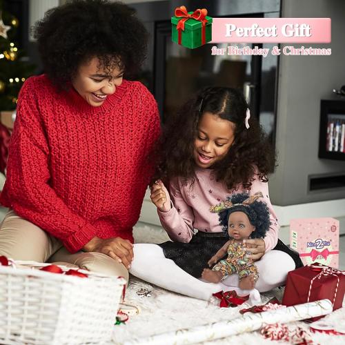Nice2you Black Baby Doll, 10 inch American African Girl Doll with Dress, Realistic Reborn for Kids Aged 2 3 4 5 6, Silicone Small Toy Curly Hair Birthday Gift, Brown, BD-1