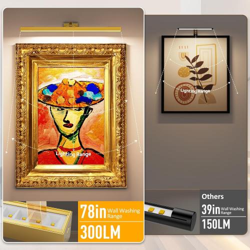 Size Medium Color Gold Picture Lights for Wall, Battery Operated Picture Light 24in Gallery Light for Paintings CCT Dimmable Recharging Battery Wall Light with Remote Control for Living Room Gallery Dartboard