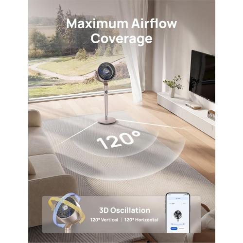 DREO Smart Fans for Bedroom, 120°  120° Omni-Directional Oscillating Fan, 100ft Quiet Pedestal Fan with RGB Light, 9 Speeds, 6 Modes, 20dB, 8H Timer, Wi-Fi/Voice, 35-40 Floor Fans, Starlight