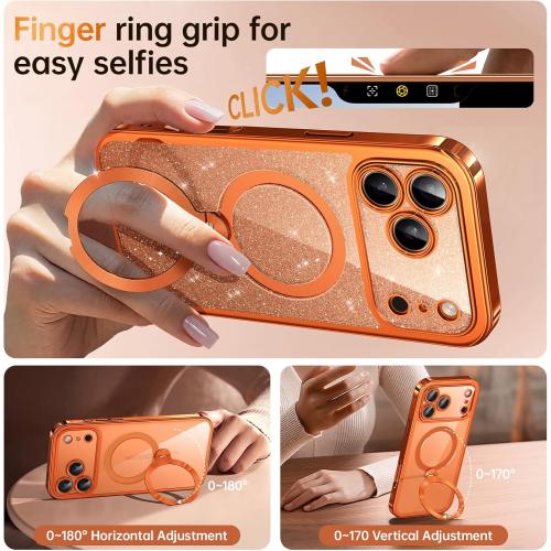 Offical Cosmic Orange for iPhone 17 Pro Max Case with 360 Spin Stand [DIY Glitter Cardstock] [Fit for MagSafe] 16FT Mil-Protection Polished for iPhone 17 Pro Max Case with Stand 6.9'', Cosmic Orange